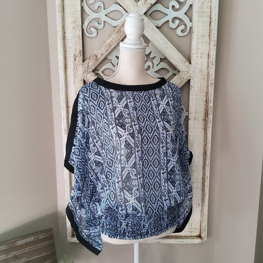 NY Collection Blue Geometric Cold Shoulder Dolman Cape Blouson Top S NWT